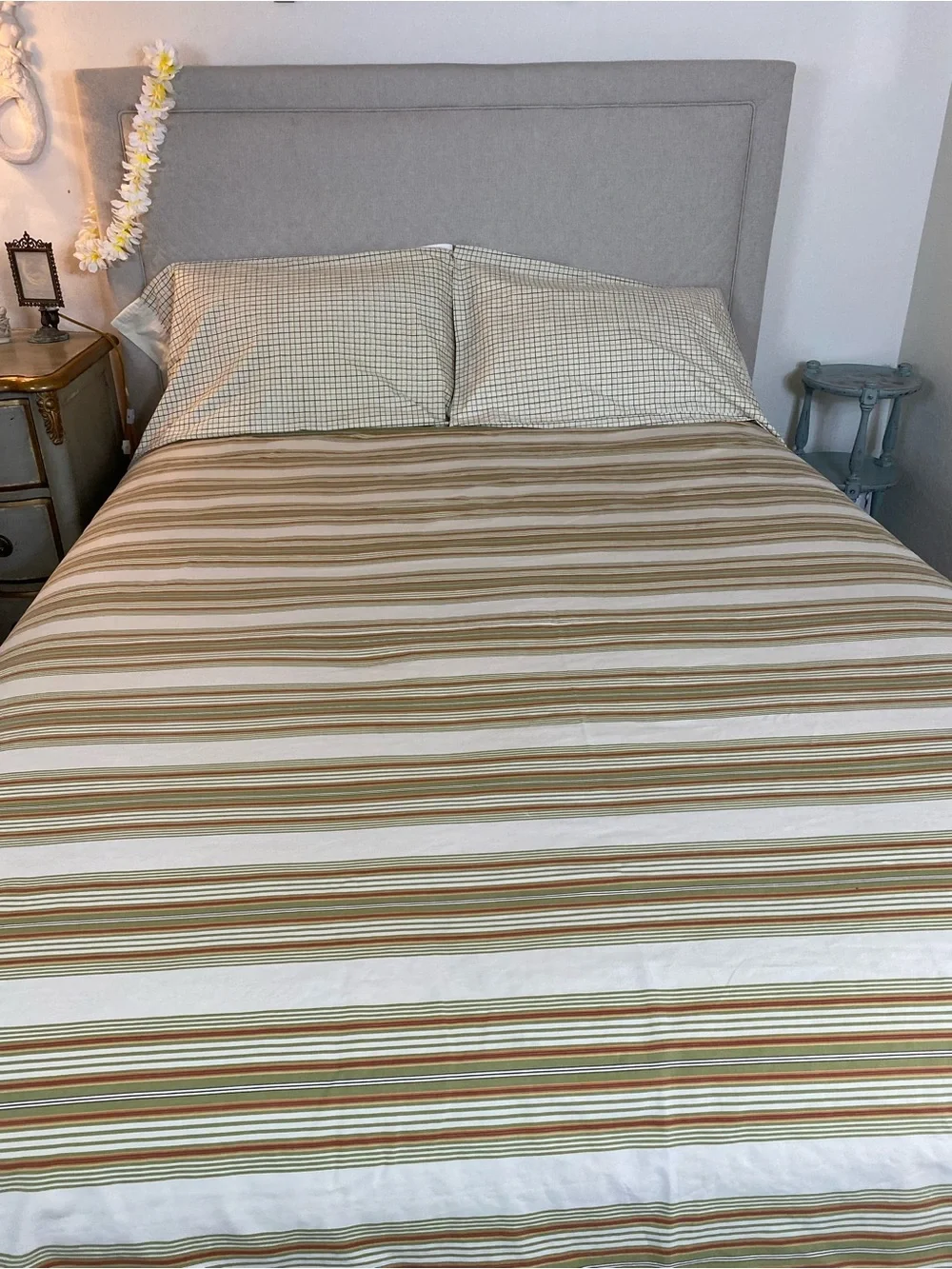 Striped Cotton flat sheet in Cream, Tan & olive green earth-tones striped